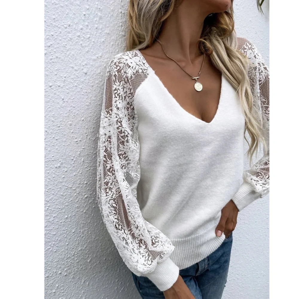 Lace Bishop Sleeves V-Neck Off White Knit Sweater - Picture 5 of 7